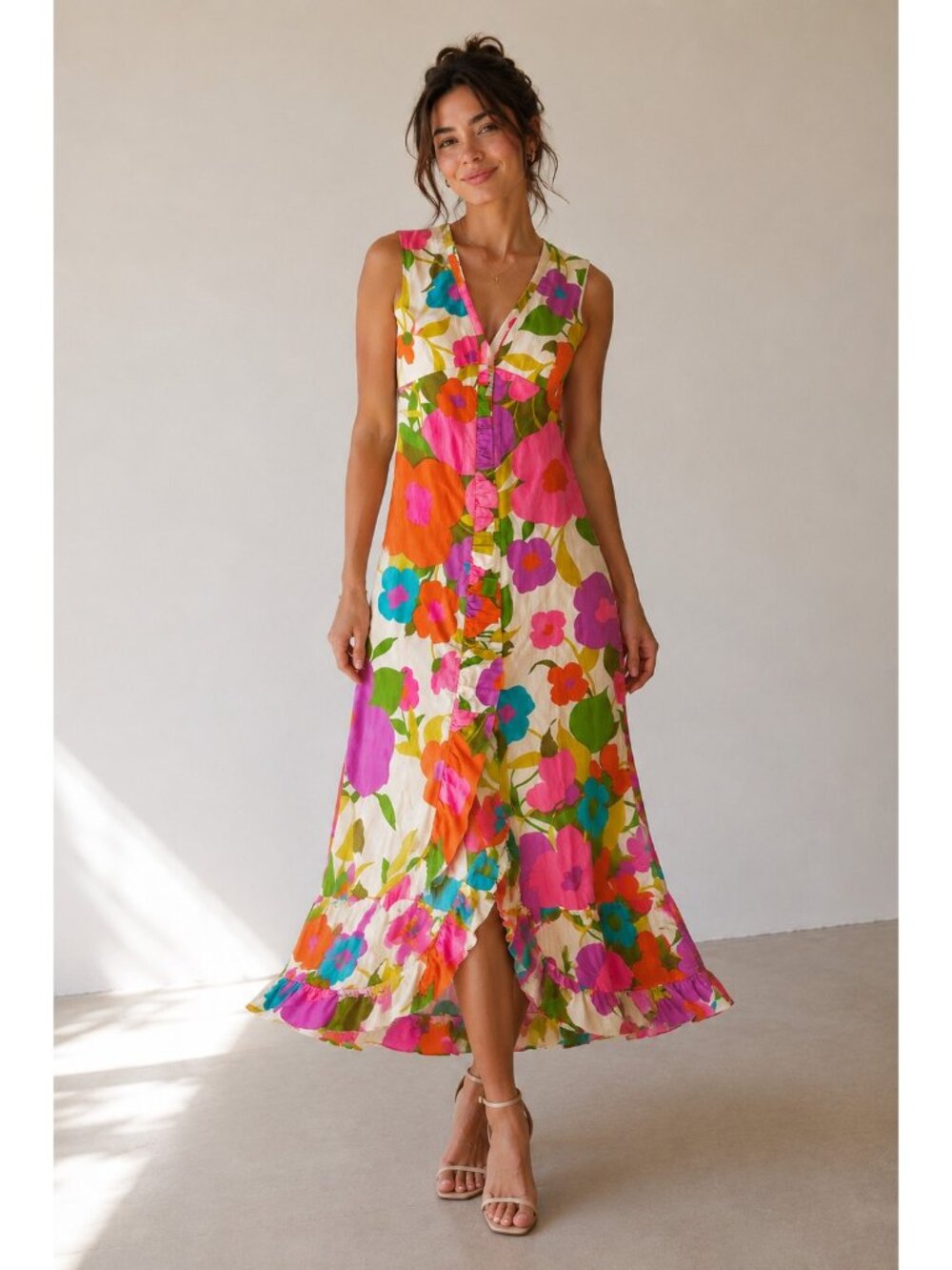 Vintage Tribute Wild Colorful Floral Boho Psychedelic Maxi Dress S